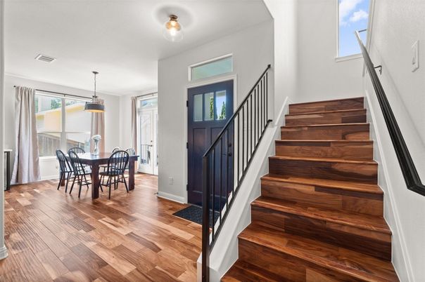 Dining room, Interior, Pendant Lights, Wood Texture Flooring