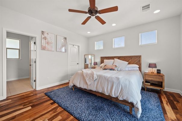 Bedroom, Interior, Recessed Lighting, Wood Texture Flooring