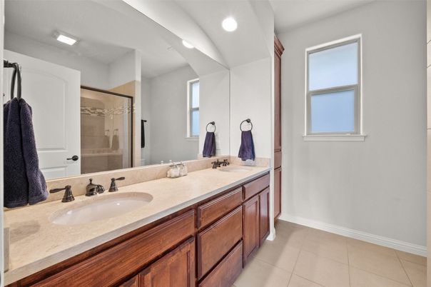 Bathroom, Dual Sink Vanities, Glass Shower, Interior, Recessed Lighting