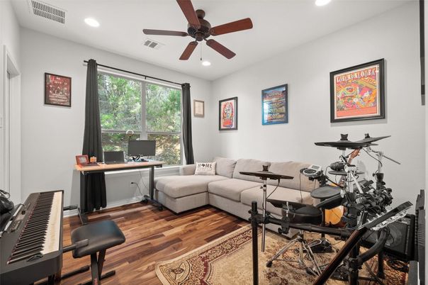 Home Office, Interior, Piano, Recessed Lighting, Wood Texture Flooring
