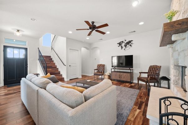 Fireplace, Interior, Living room, Recessed Lighting, Wood Texture Flooring
