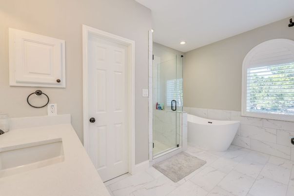 Bathroom, Free Standing Baths, Glass Shower, Interior, Marble, Marble Walls, Recessed Lighting