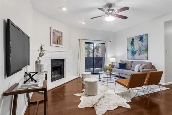 Fireplace, Interior, Living room, Recessed Lighting, Wood Texture Flooring