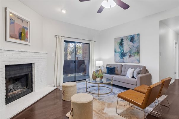 Fireplace, Interior, Living room, Recessed Lighting, Wood Texture Flooring