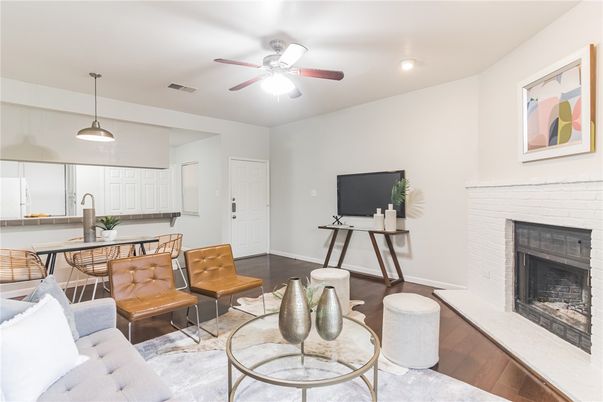 Dining room, Fireplace, Interior, Kitchen, Pendant Lights, Recessed Lighting, Wood Texture Flooring