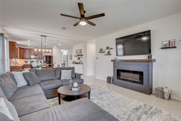 Fireplace, Interior, Kitchen, Living room, Pendant Lights, Recessed Lighting