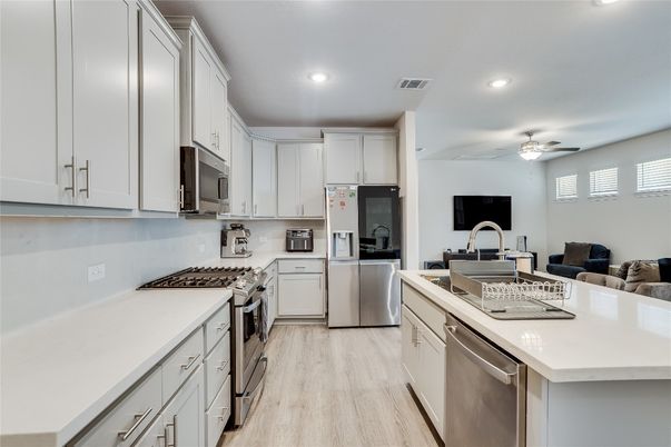 Interior, Kitchen, Recessed Lighting, Stainless Steel Appliances, Wood Texture Flooring