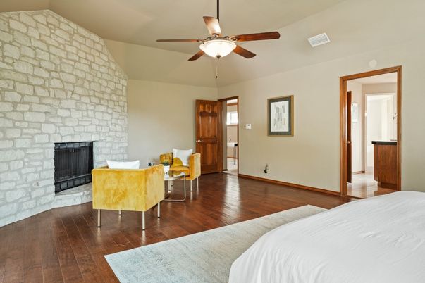 Bedroom, Fireplace, Interior, Stone Walls, Wood Texture Flooring