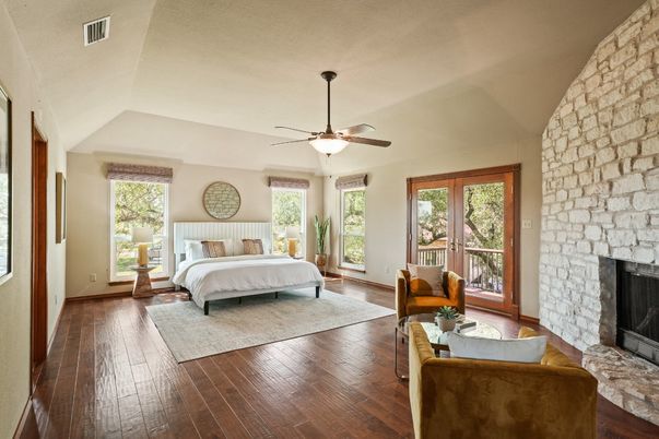 Bedroom, Fireplace, Interior, Stone Walls, Wood Texture Flooring