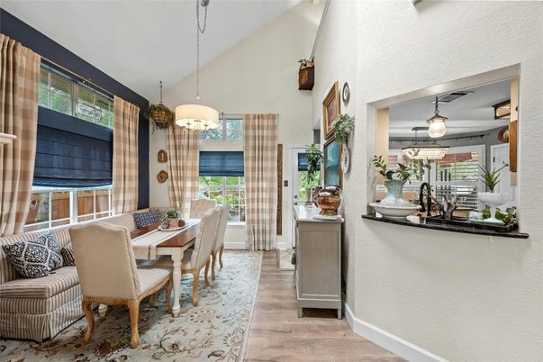 Dining room, Interior, Pendant Lights, Wood Texture Flooring