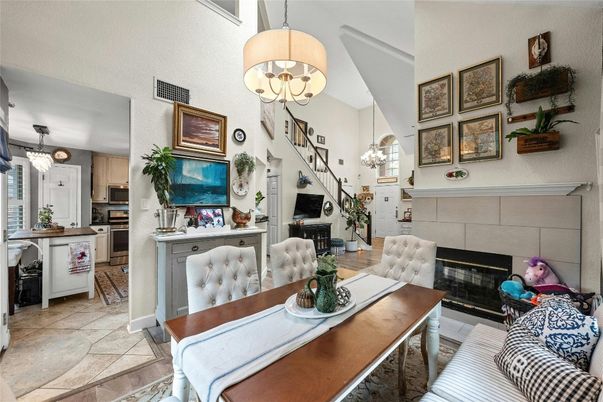 Chandelier, Dining room, Fireplace, Interior, Kitchen, Pendant Lights