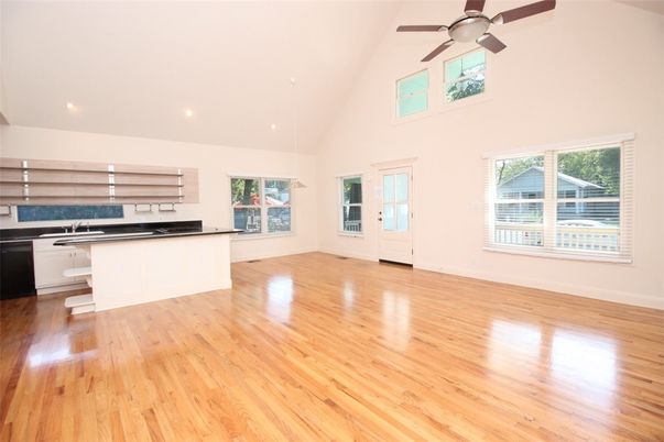 Empty room, Interior, Kitchen, Recessed Lighting, Wood Texture Flooring