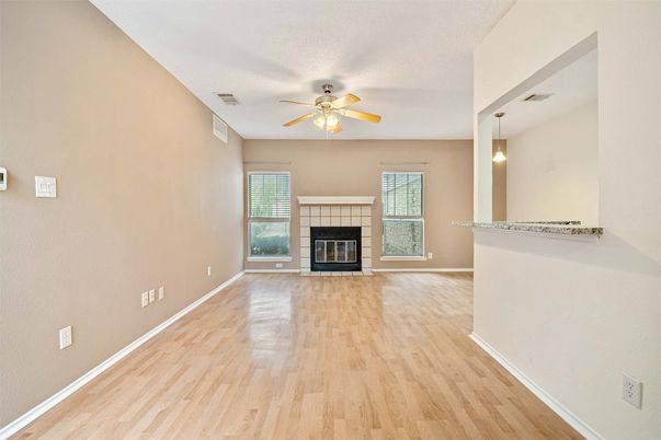 Empty room, Fireplace, Interior, Pendant Lights, Wood Texture Flooring