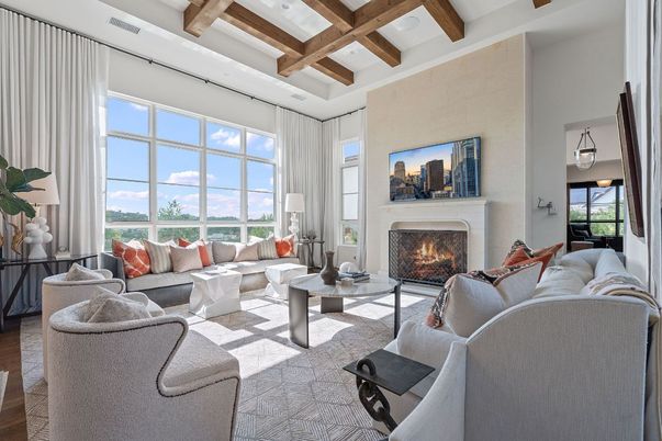 Fireplace, Interior, Living room, Recessed Lighting, Wooden Beams, Wood Texture Flooring
