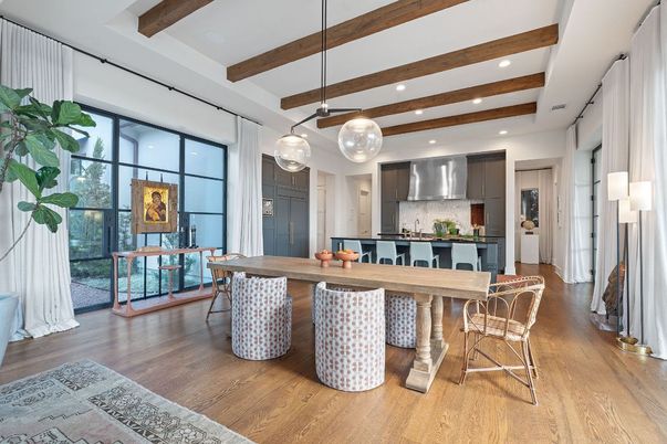 Interior, Kitchen, Pendant Lights, Recessed Lighting, Stainless Steel Appliances, Wooden Beams, Wood Texture Flooring