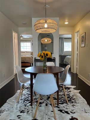 Dining room, Interior, Pendant Lights, Recessed Lighting, Wood Texture Flooring