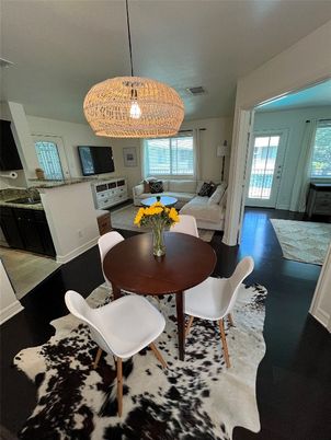 Dining room, Interior, Kitchen, Living room, Pendant Lights, Wood Texture Flooring