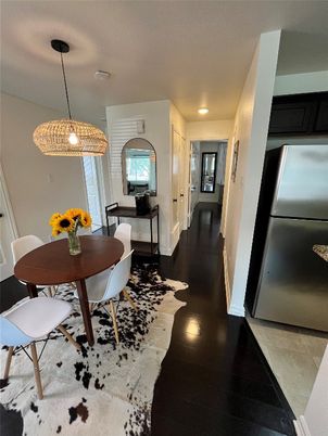 Dining room, Interior, Pendant Lights, Recessed Lighting, Wood Texture Flooring