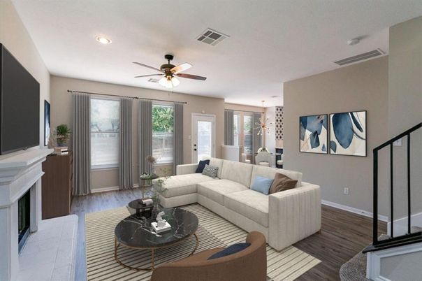 Dining room, Fireplace, Interior, Living room, Recessed Lighting, Wood Texture Flooring