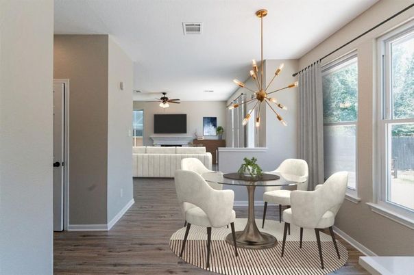 Dining room, Interior, Living room, Pendant Lights, Recessed Lighting, Wood Texture Flooring