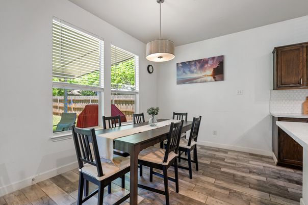 Dining room, Interior, Pendant Lights, Wood Texture Flooring