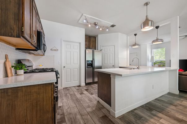 Interior, Kitchen, Pendant Lights, Stainless Steel Appliances, Wood Texture Flooring