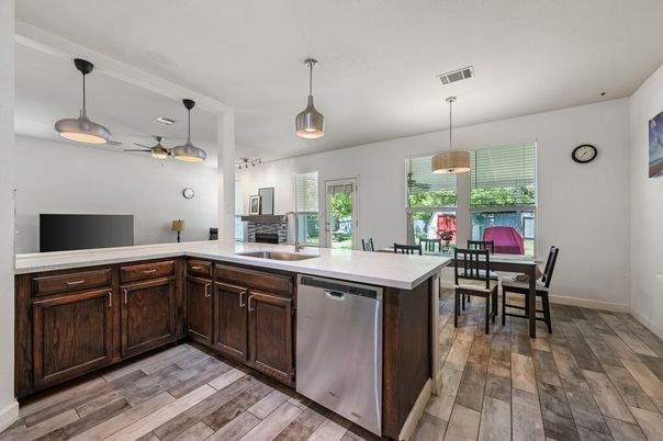 Dining room, Interior, Kitchen, Pendant Lights, Wood Texture Flooring