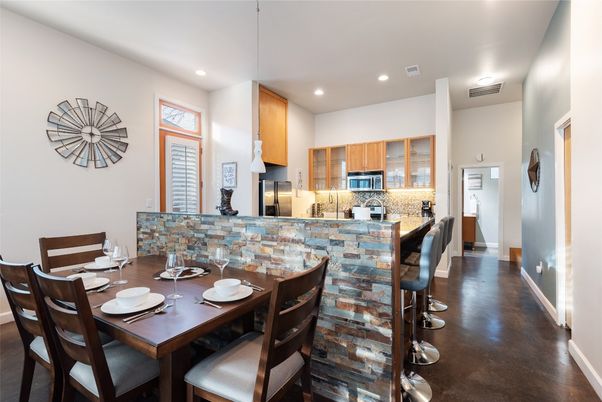 Dining room, Interior, Kitchen, Recessed Lighting, Wood Texture Flooring