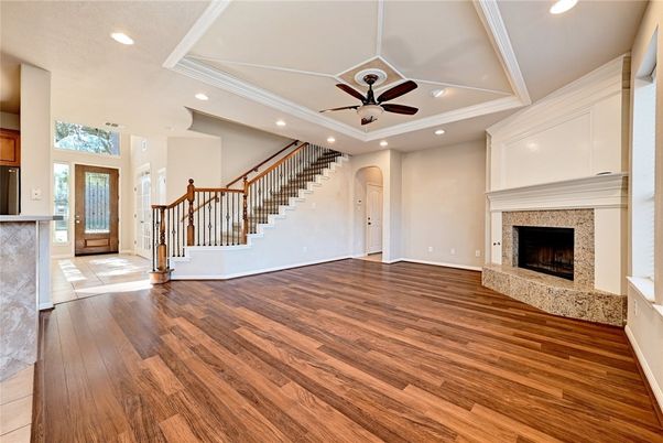 Empty room, Fireplace, Interior, Recessed Lighting, Wood Texture Flooring