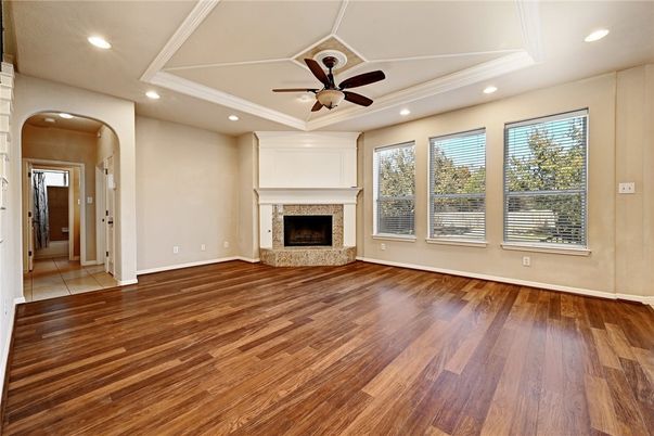 Empty room, Fireplace, Interior, Recessed Lighting, Wood Texture Flooring
