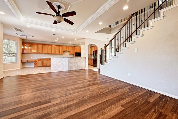 Empty room, Interior, Kitchen, Pendant Lights, Recessed Lighting, Wood Texture Flooring