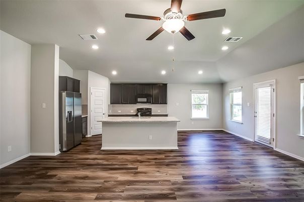 Interior, Kitchen, Recessed Lighting, Stainless Steel Appliances, Wood Texture Flooring