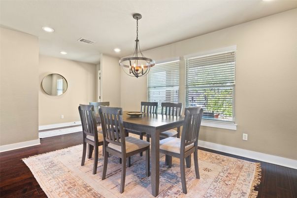 Chandelier, Dining room, Interior, Pendant Lights, Recessed Lighting, Wood Texture Flooring