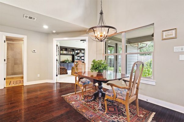 Dining room, Interior, Pendant Lights, Recessed Lighting, Wood Texture Flooring