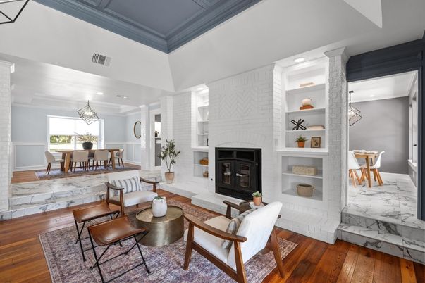 Dining room, Fireplace, Interior, Living room, Marble, Pendant Lights, Recessed Lighting, Wood Texture Flooring