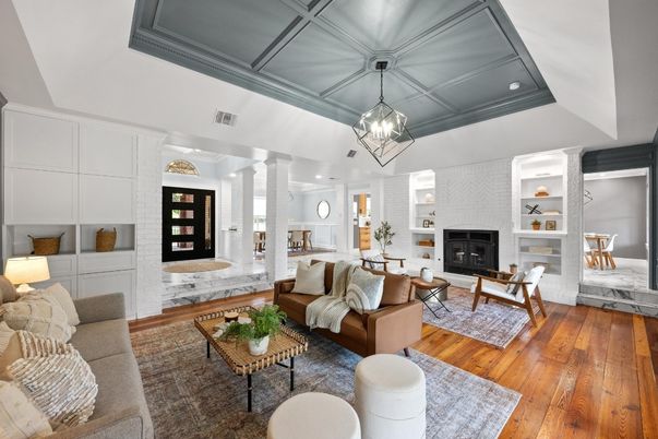 Chandelier, Fireplace, Interior, Living room, Pendant Lights, Recessed Lighting, Wood Texture Flooring