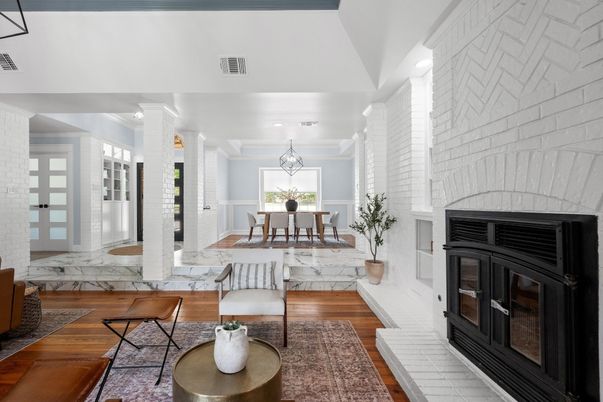 Chandelier, Dining room, Fireplace, Interior, Living room, Recessed Lighting, Wood Texture Flooring