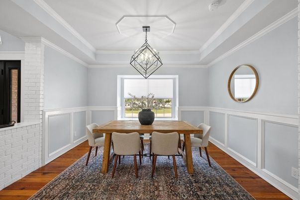 Dining room, Interior, Pendant Lights, Stone Walls, Wood Texture Flooring