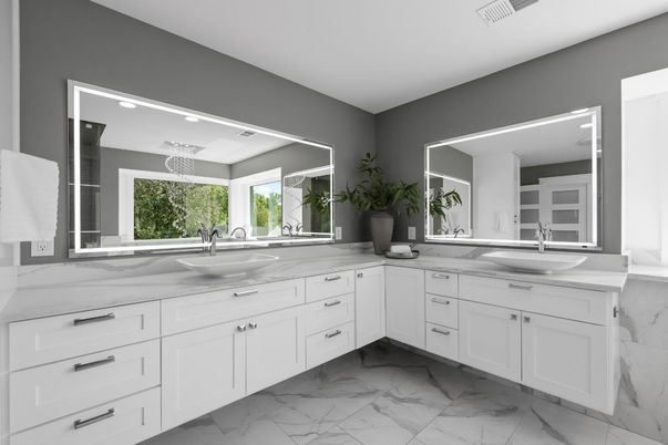 Bathroom, Dual Sink Vanities, Interior, Marble, Recessed Lighting