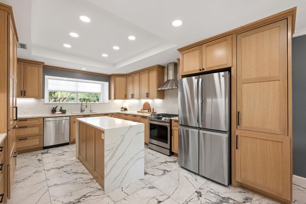 Interior, Kitchen, Marble, Recessed Lighting, Stainless Steel Appliances