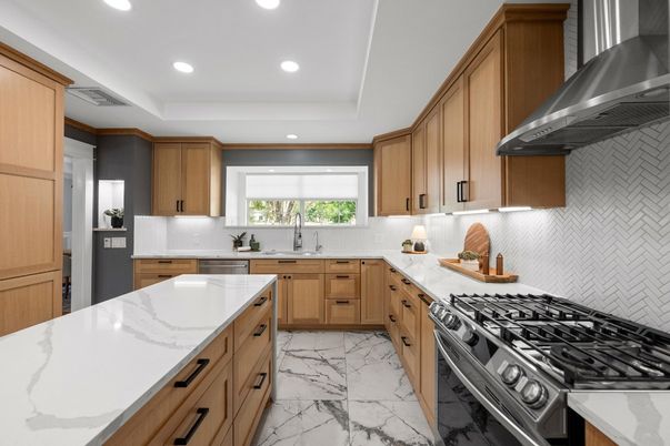 Interior, Kitchen, Marble, Recessed Lighting, Stainless Steel Appliances