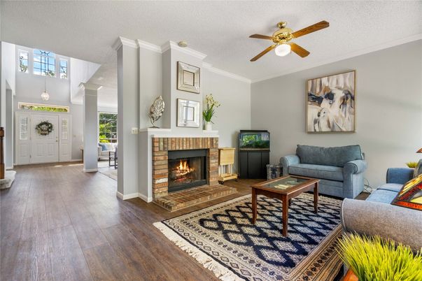 Fireplace, Interior, Living room, Pendant Lights, Wood Texture Flooring