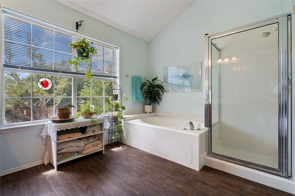 Bathroom, Glass Shower, Interior, Wood Texture Flooring