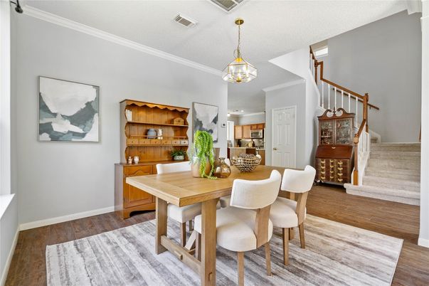 Dining room, Interior, Pendant Lights, Wood Texture Flooring
