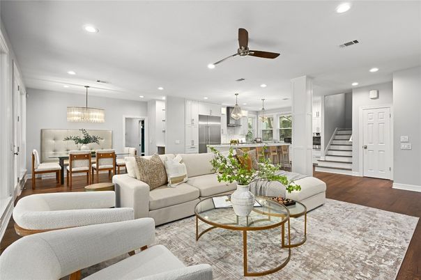 Dining room, Interior, Kitchen, Living room, Pendant Lights, Recessed Lighting, Stainless Steel Appliances, Wood Texture Flooring