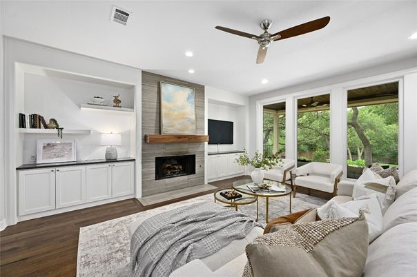 Fireplace, Interior, Living room, Recessed Lighting, Wood Texture Flooring