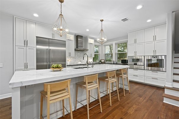 Interior, Kitchen, Pendant Lights, Recessed Lighting, Stainless Steel Appliances, Wood Texture Flooring