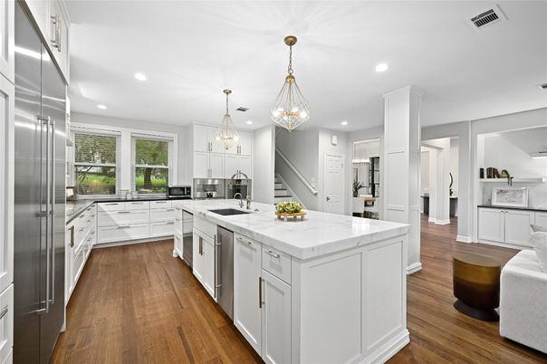 Interior, Kitchen, Pendant Lights, Recessed Lighting, Stainless Steel Appliances, Wood Texture Flooring