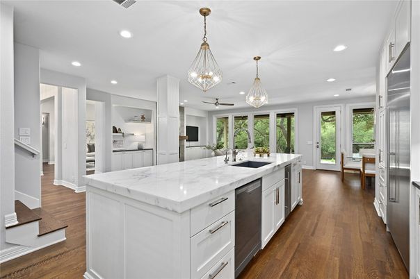 Interior, Kitchen, Pendant Lights, Recessed Lighting, Stainless Steel Appliances, Wood Texture Flooring