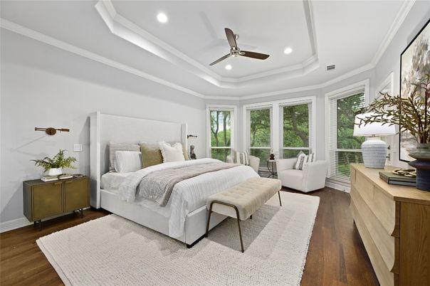 Bedroom, Interior, Recessed Lighting, Wood Texture Flooring